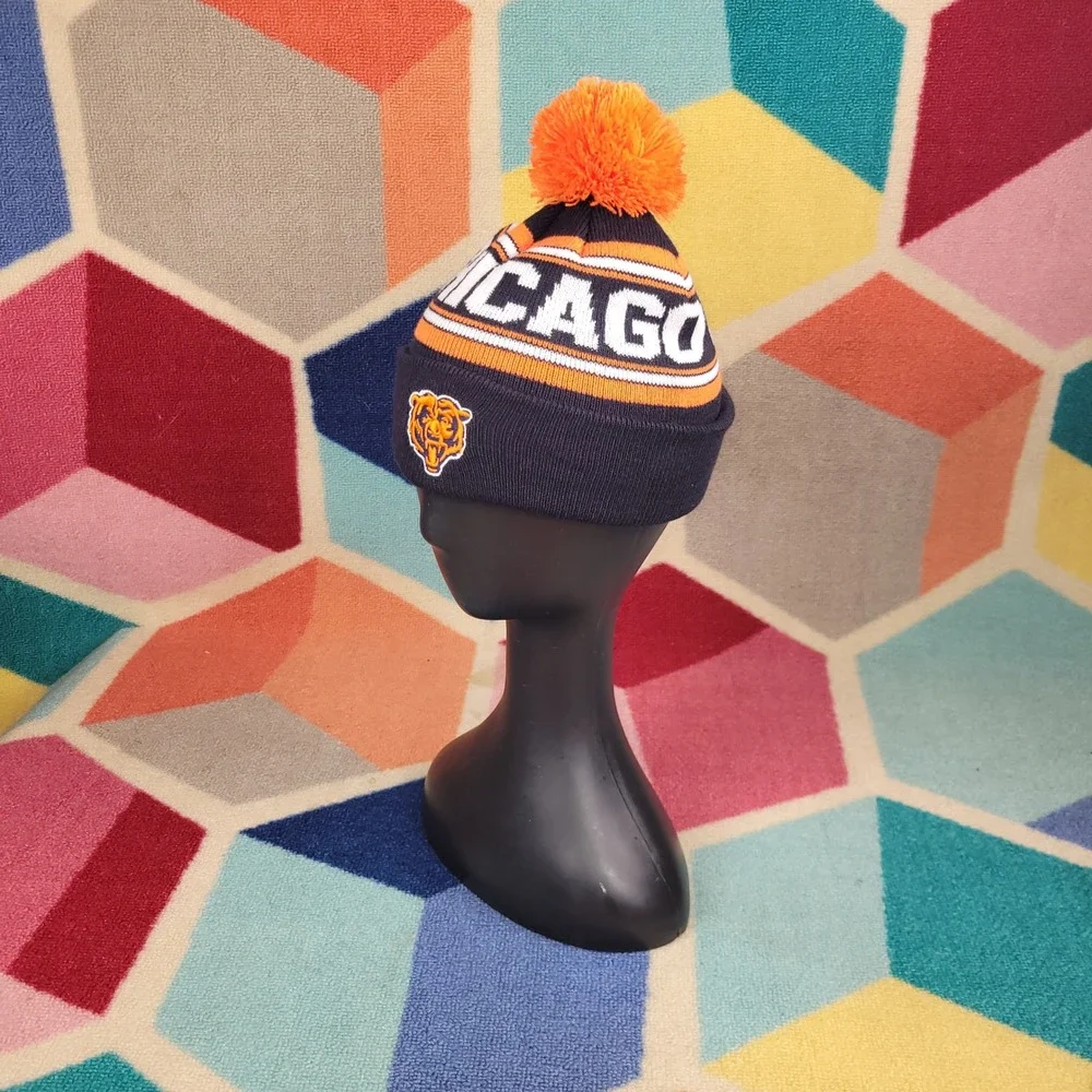 Chicago Bears Knit Beanie Hat‎ Navy Blue Orange Pom Pom Cuffed Winter Cap NFL